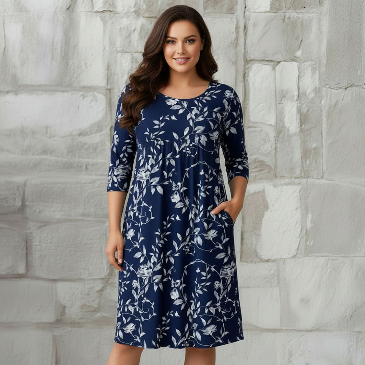 Three Quarter Sleeve Empire Dress with Pockets - Floral