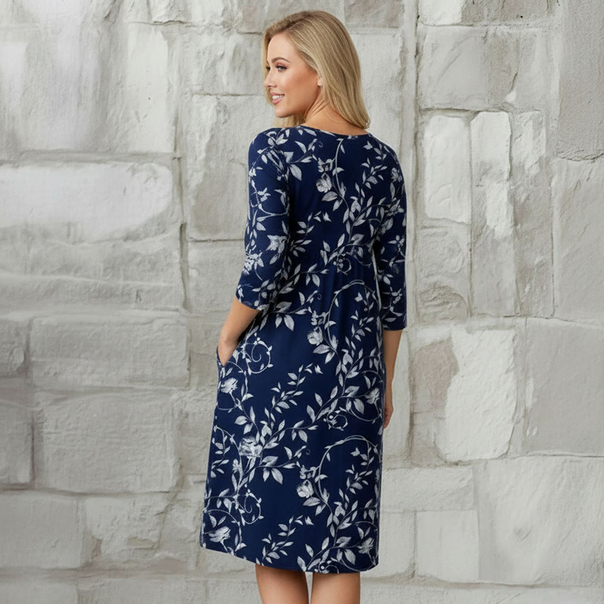 Three Quarter Sleeve Empire Dress with Pockets - Floral