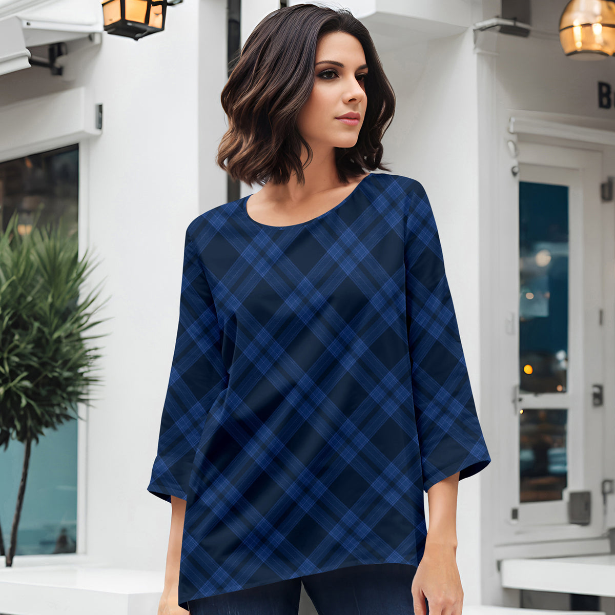 Three Quarter Sleeve Tunic - Plaid