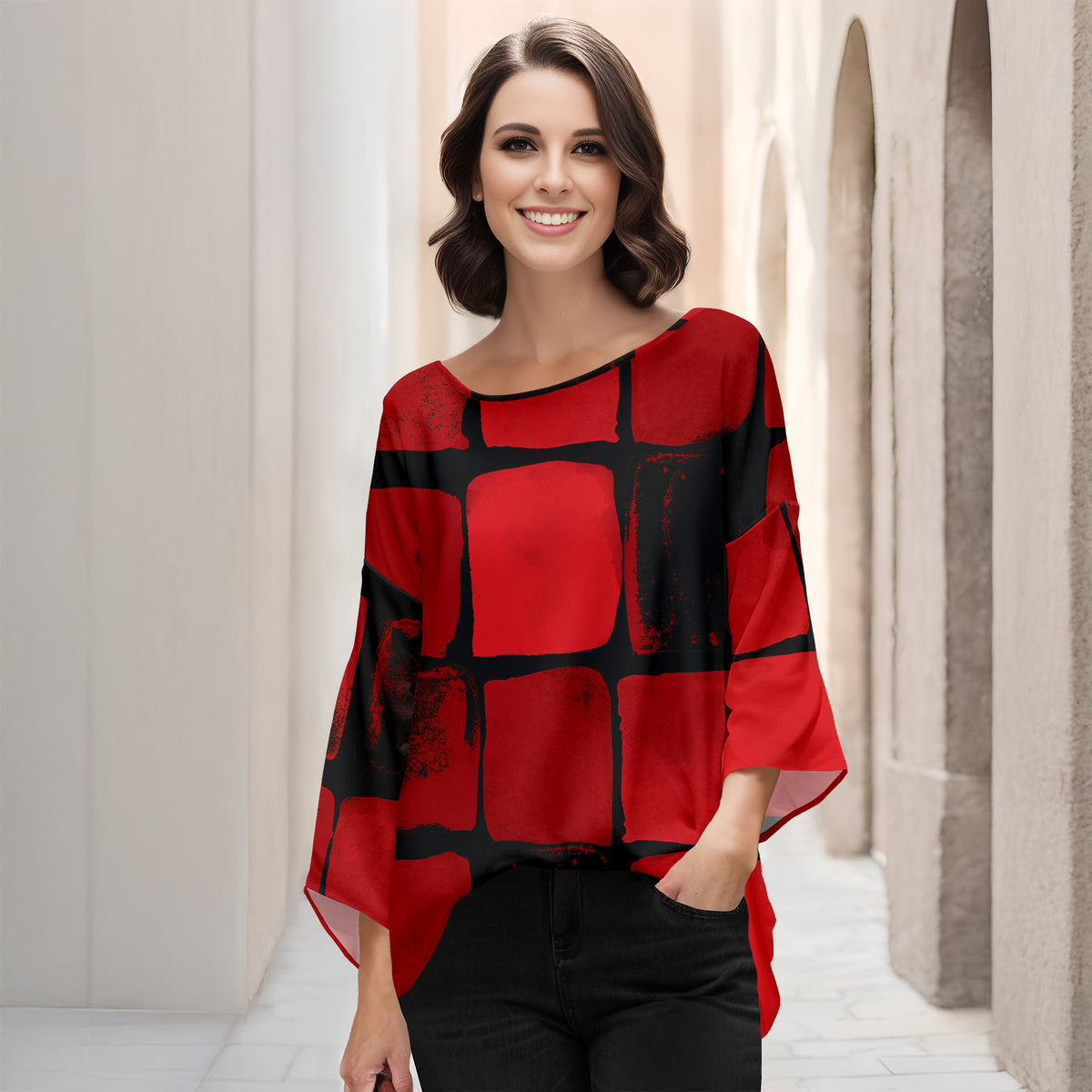 Three Quarter Bell Sleeve Tunic - Abstract Geometric
