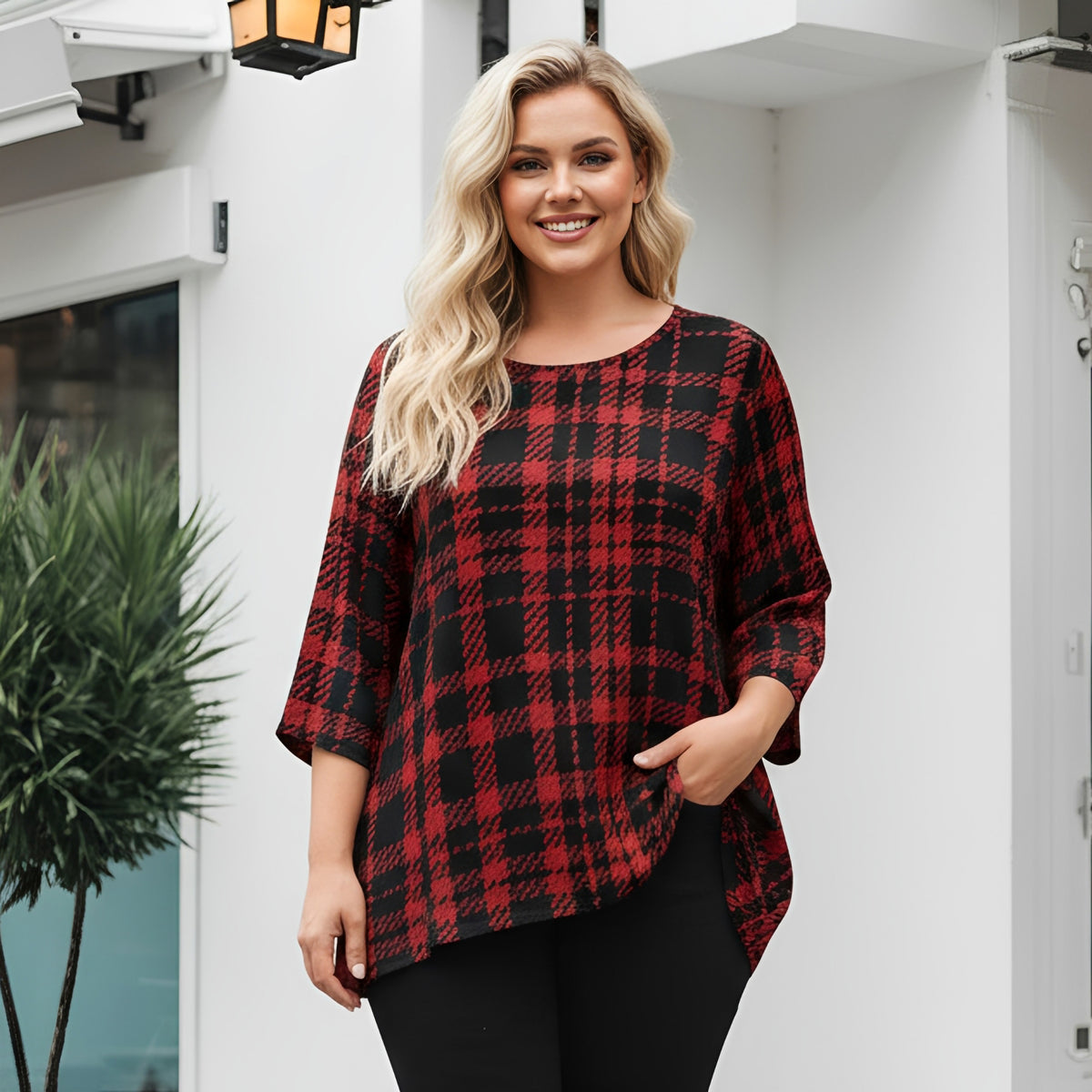 Three Quarter Sleeve Tunic - Plaid
