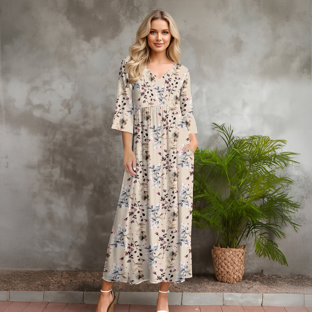 Three Quarter Sleeve V-neck Maxi Dress with Pockets - Floral