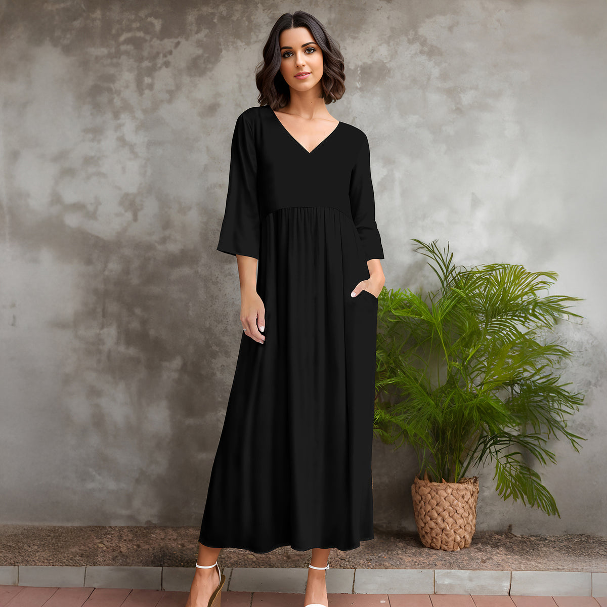 Three Quarter Sleeve V-neck Maxi Dress with Pockets