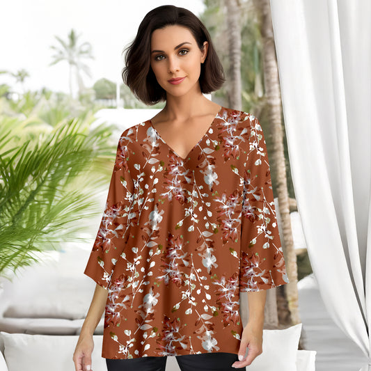 Three Quarter Sleeve V-Neck Tunic - Floral