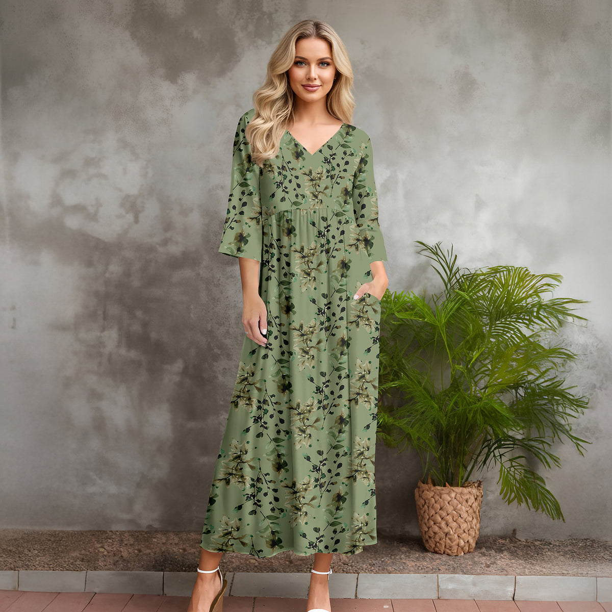 Three Quarter Sleeve V-neck Maxi Dress with Pockets - Floral