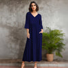 Three Quarter Sleeve V-neck Maxi Dress with Pockets
