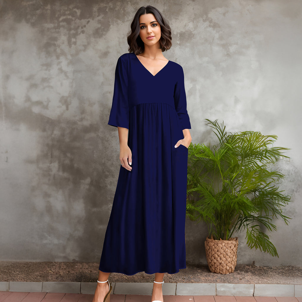 Three Quarter Sleeve V-neck Maxi Dress with Pockets
