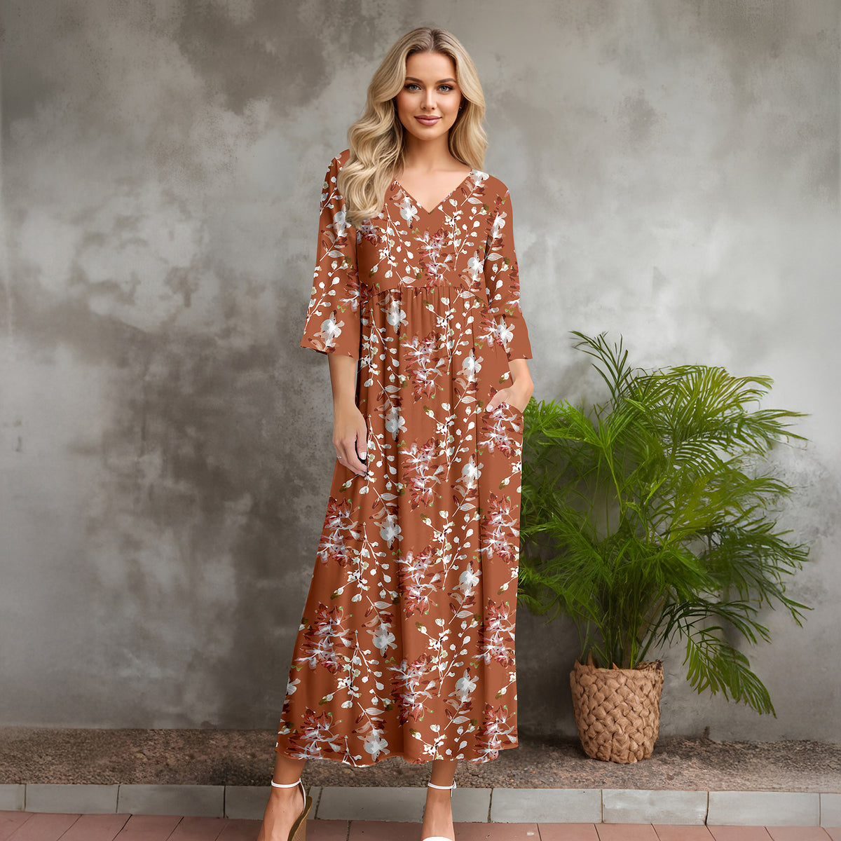 Three Quarter Sleeve V-neck Maxi Dress with Pockets - Floral