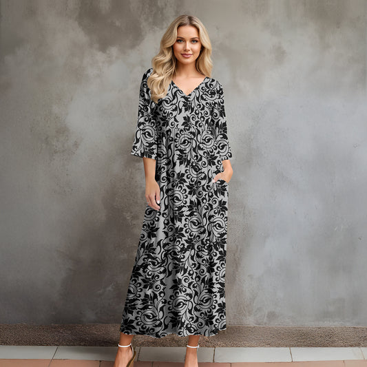 Three Quarter Sleeve V-neck Maxi Dress with Pockets - Floral