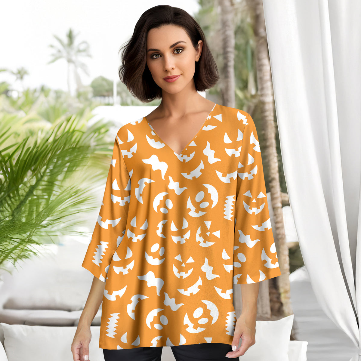 Three Quarter Sleeve V-Neck Tunic - Halloween Icons