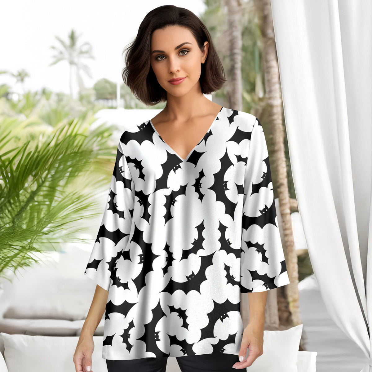 Three Quarter Sleeve V-Neck Tunic - Bats