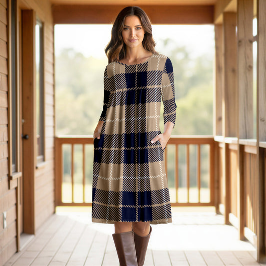 Three Quarter Sleeve Pleated Dress with Pockets - Plaid