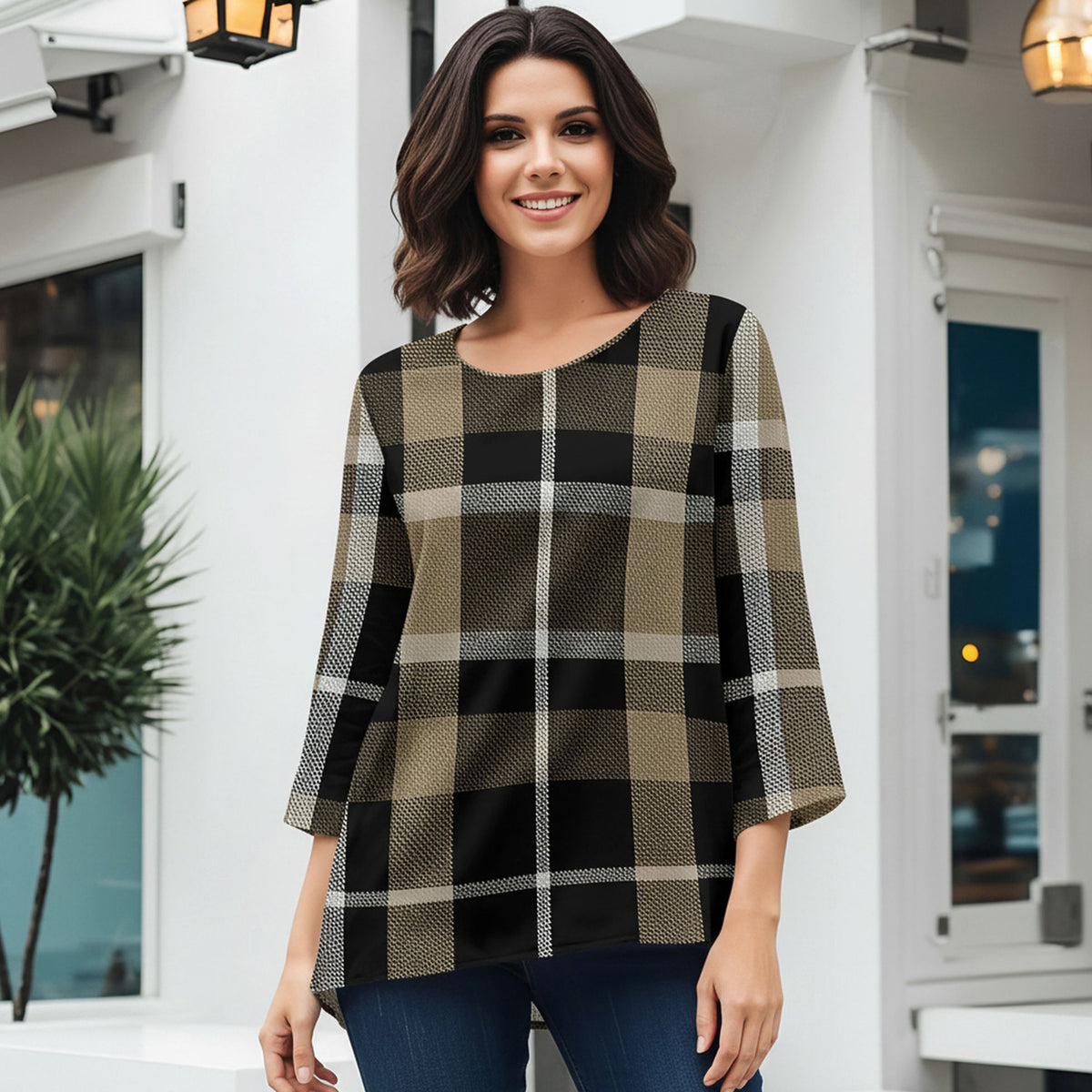 Three Quarter Sleeve Tunic - Plaid