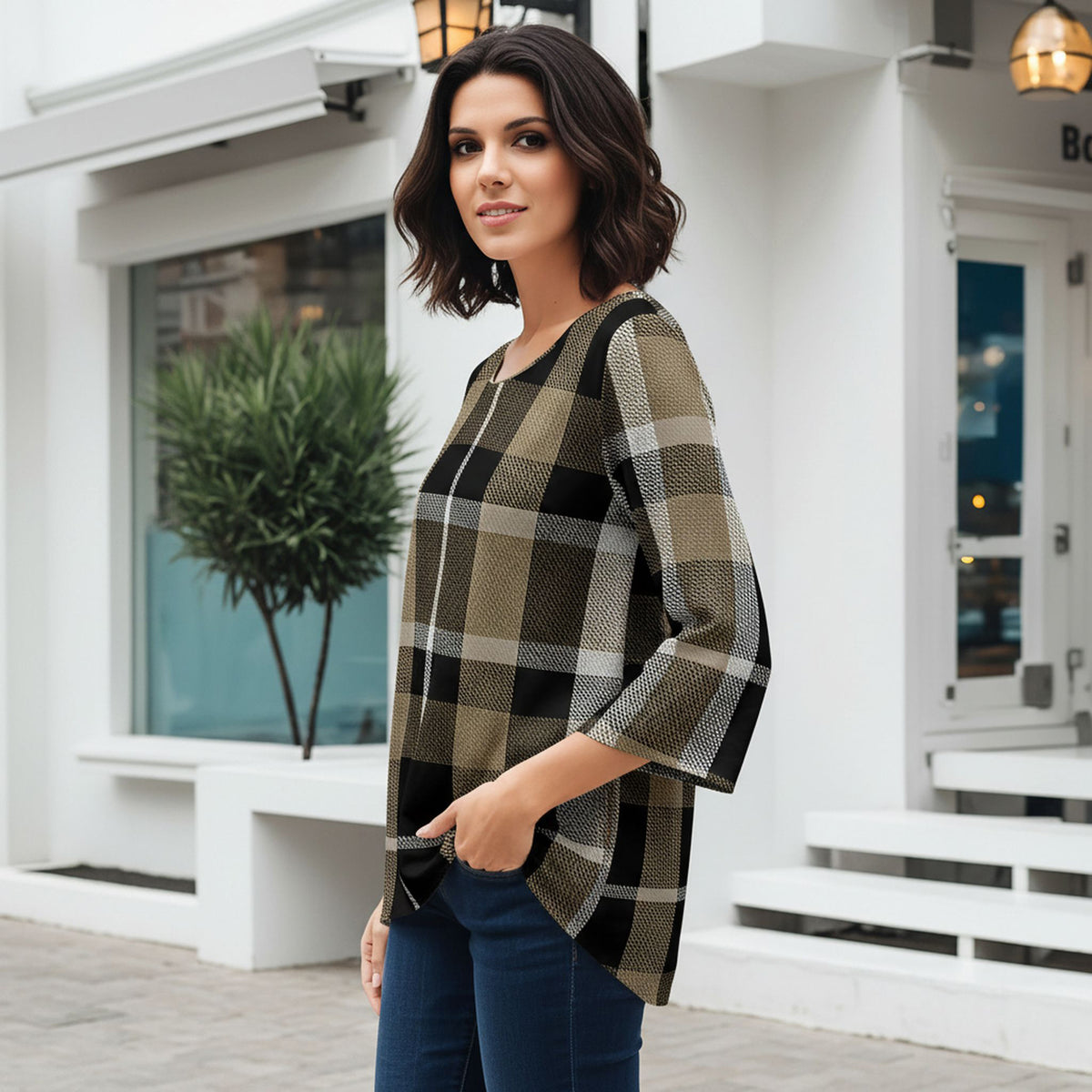 Three Quarter Sleeve Tunic - Plaid