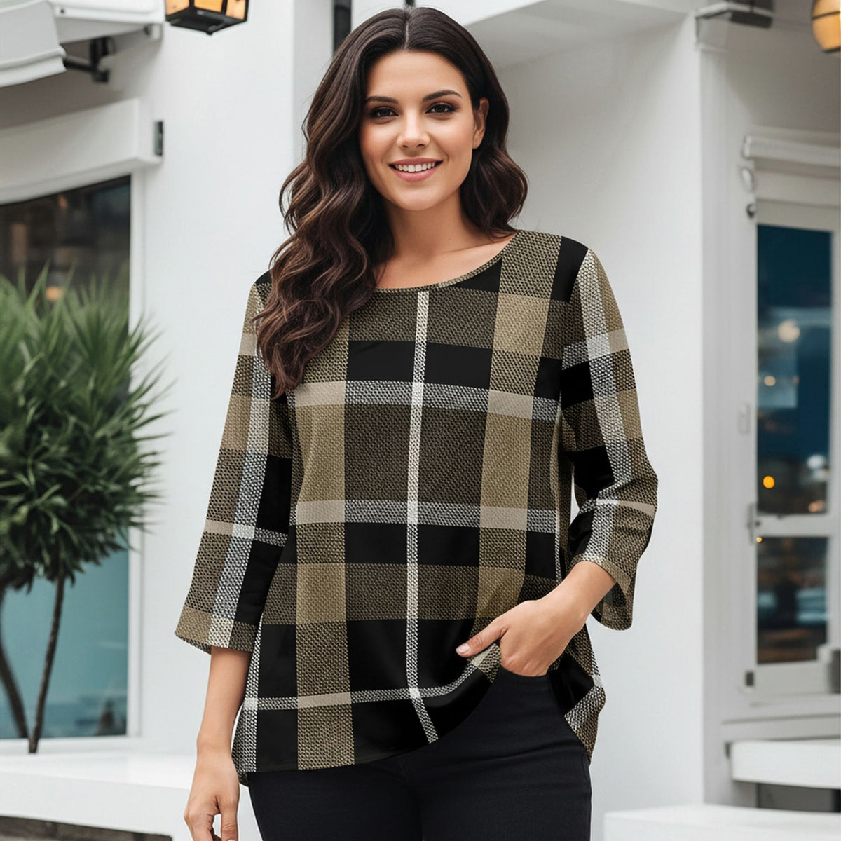 Three Quarter Sleeve Tunic - Plaid