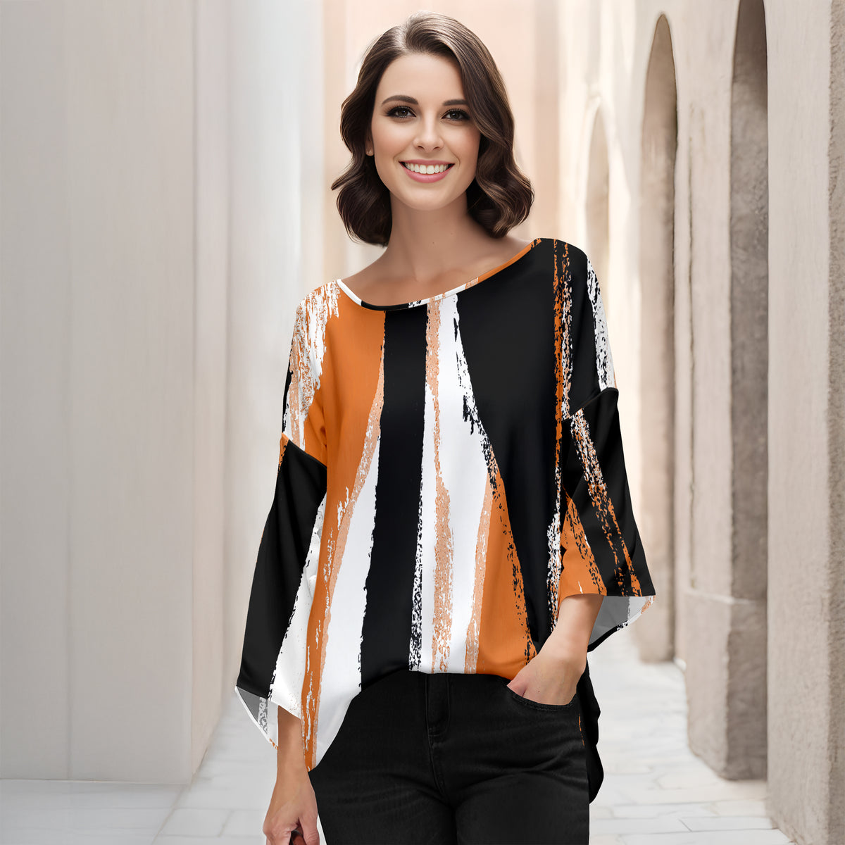 Three Quarter Bell Sleeve Tunic - Abstract