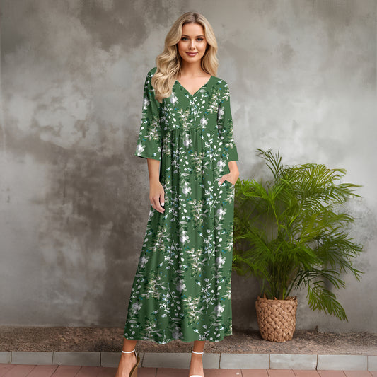 Three Quarter Sleeve V-neck Maxi Dress with Pockets - Floral