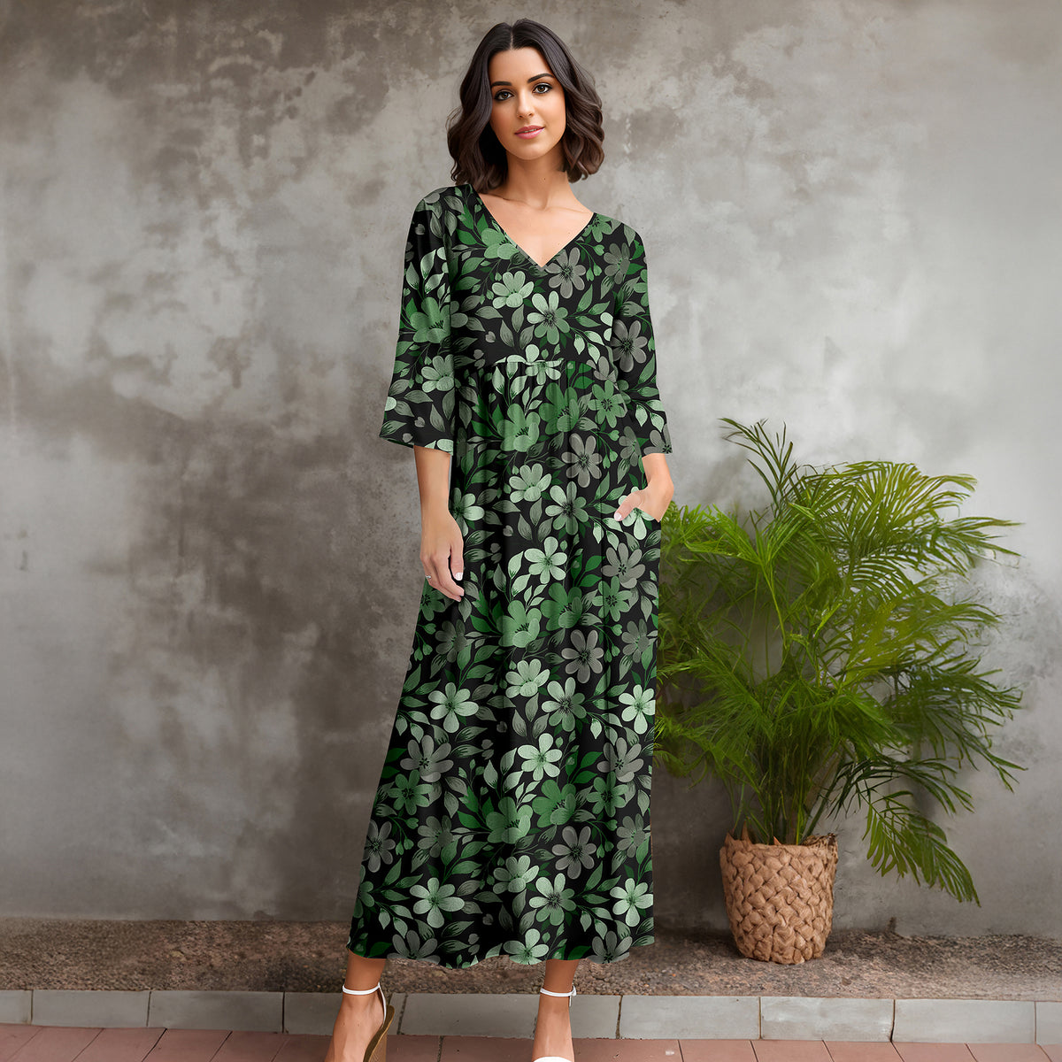 Three Quarter Sleeve V-neck Maxi Dress with Pockets - Floral