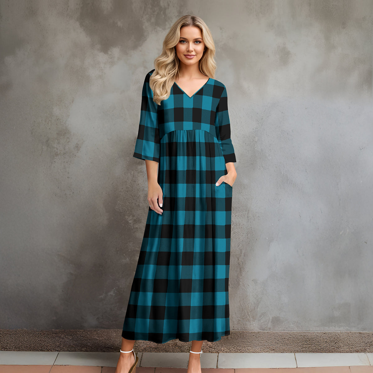 Three Quarter Sleeve V-neck Maxi Dress with Pockets - Buffalo Plaid
