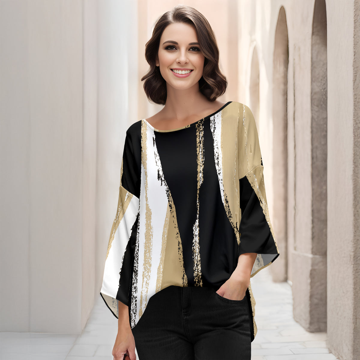 Three Quarter Bell Sleeve Tunic - Abstract