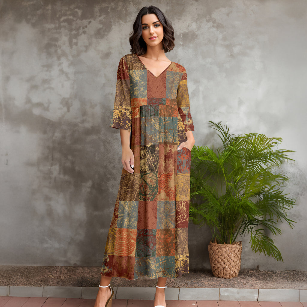 Three Quarter Sleeve V-neck Maxi Dress with Pockets - Patchwork