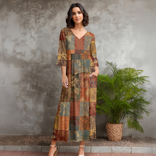 Three Quarter Sleeve V-neck Maxi Dress with Pockets - Patchwork