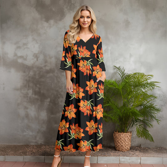 Three Quarter Sleeve V-neck Maxi Dress with Pockets - Floral