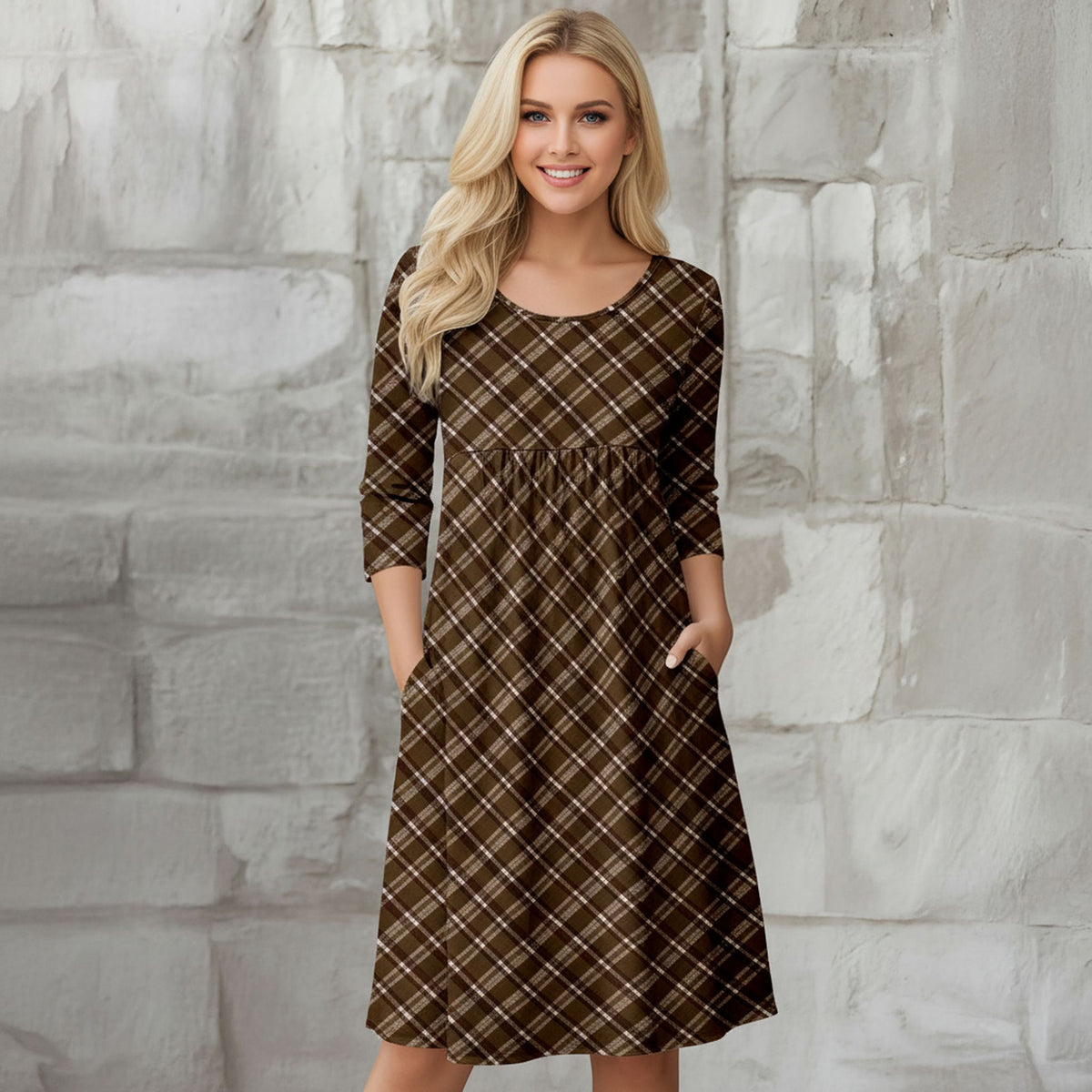 Three Quarter Sleeve Empire Dress with Pockets - Plaid