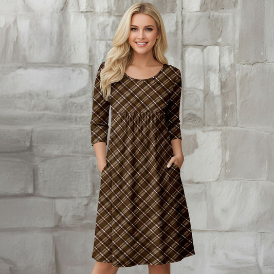 Three Quarter Sleeve Empire Dress with Pockets - Plaid