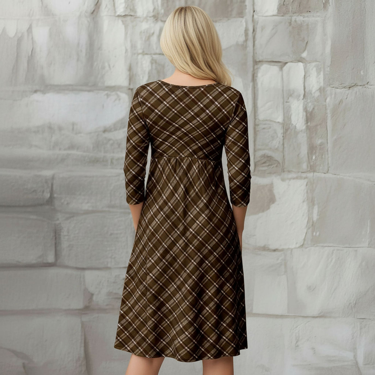 Three Quarter Sleeve Empire Dress with Pockets - Plaid