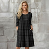 Three Quarter Sleeve Empire Dress with Pockets - Plaid