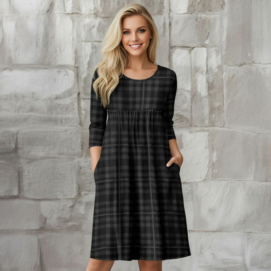 Three Quarter Sleeve Empire Dress with Pockets - Plaid