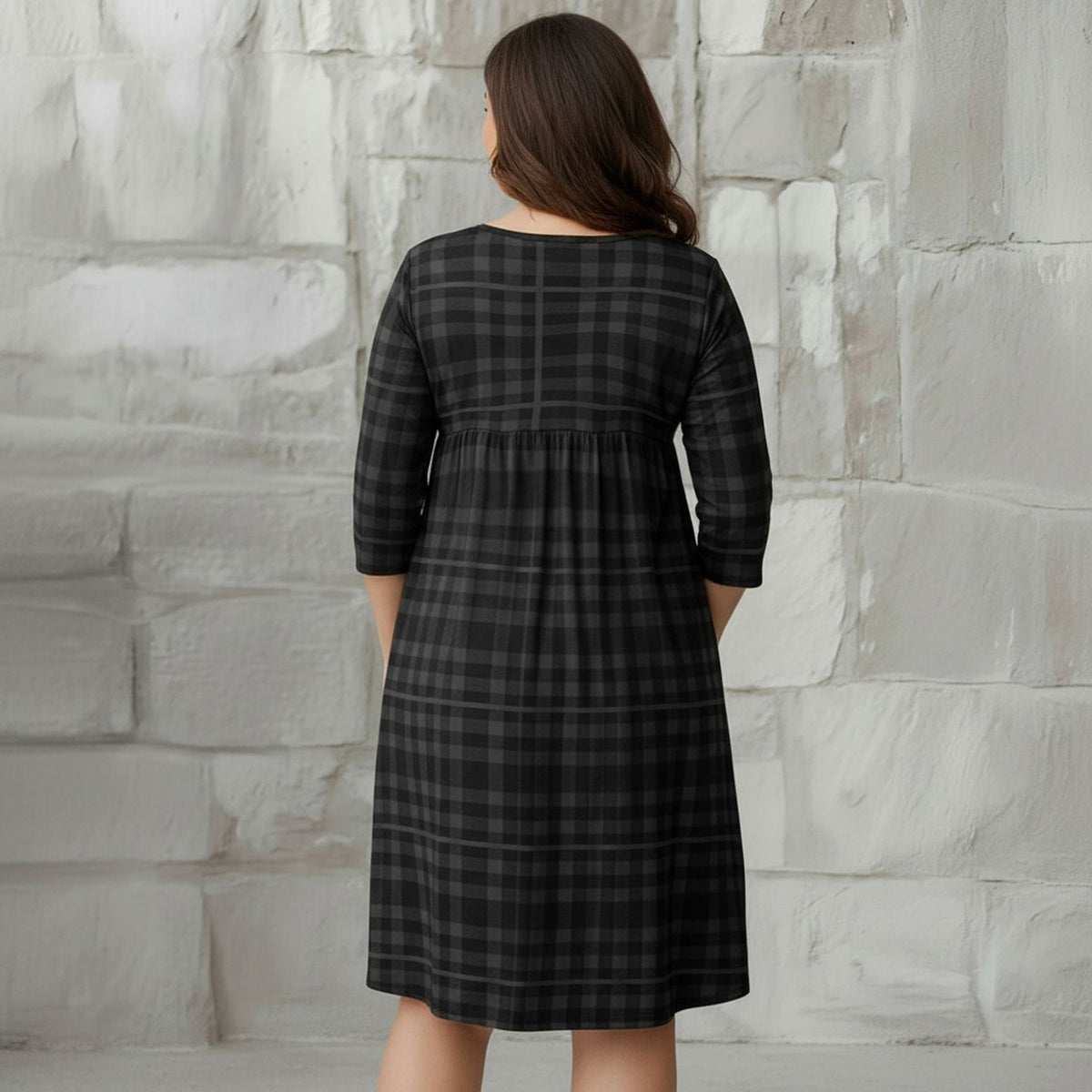 Three Quarter Sleeve Empire Dress with Pockets - Plaid