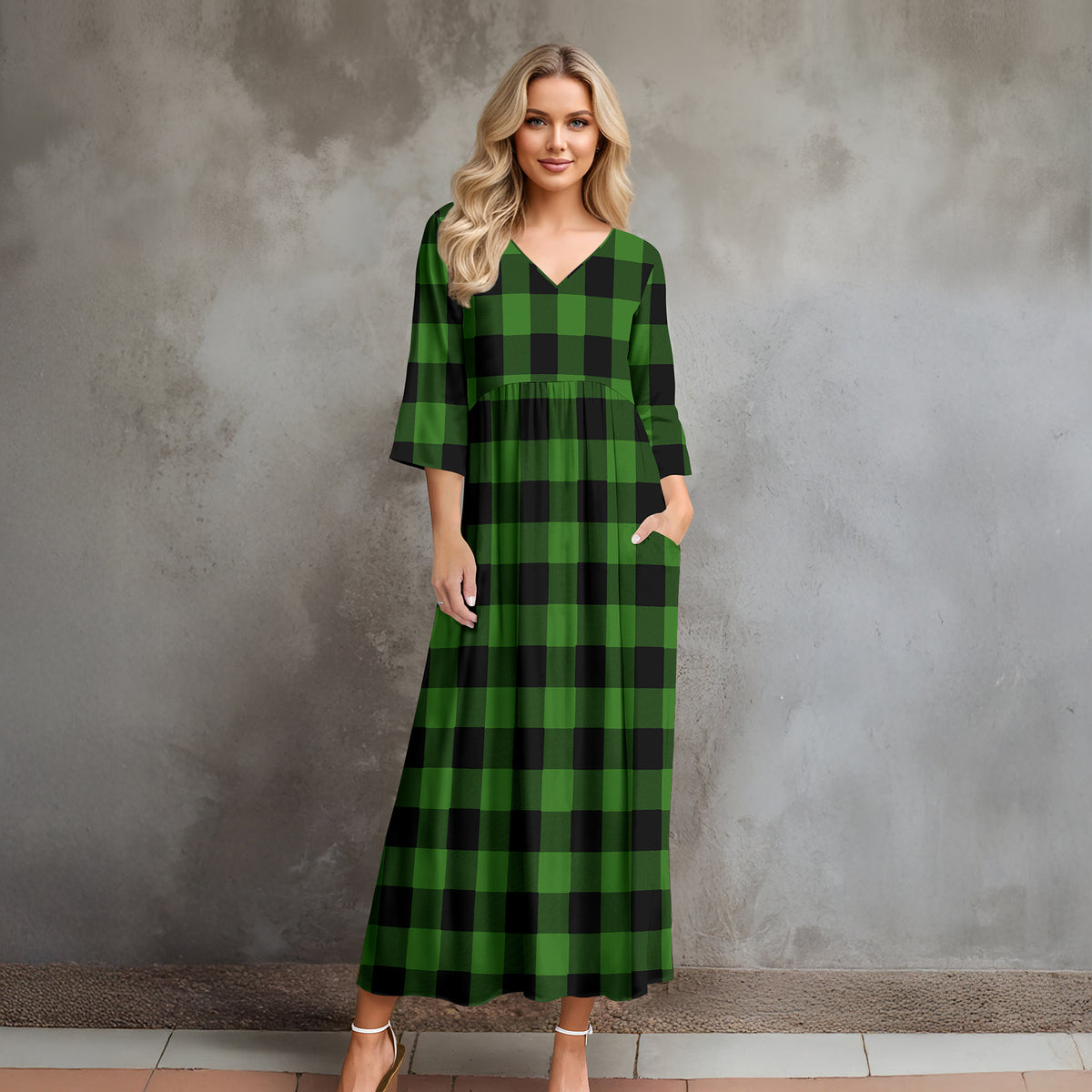 Three Quarter Sleeve V-neck Maxi Dress with Pockets - Buffalo Plaid