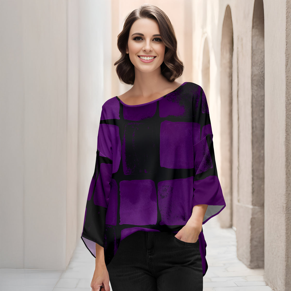 Three Quarter Bell Sleeve Tunic - Abstract Geometric