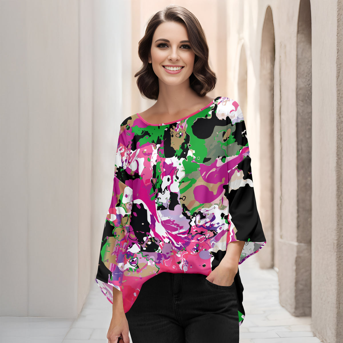 Three Quarter Bell Sleeve Tunic - Abstract