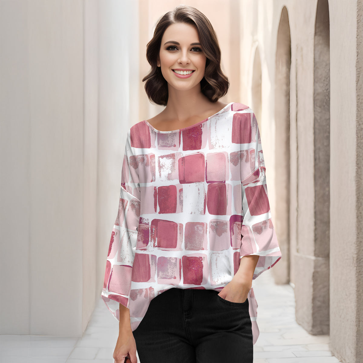 Three Quarter Bell Sleeve Tunic - Abstract Geometric