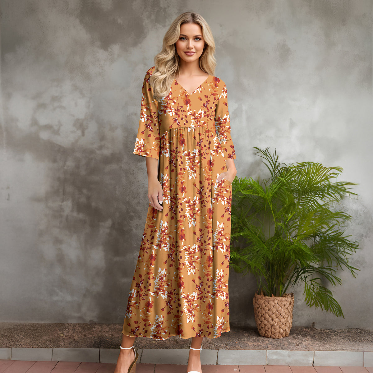 Three Quarter Sleeve V-neck Maxi Dress with Pockets - Floral