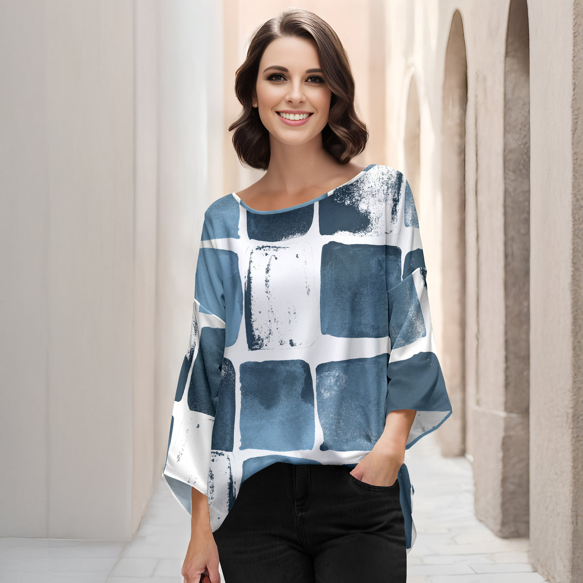 Three Quarter Bell Sleeve Tunic - Abstract Geometric