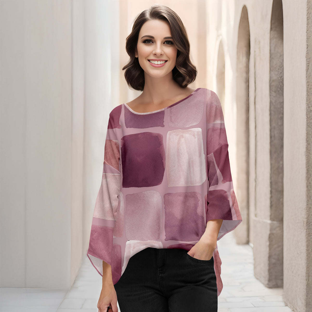 Three Quarter Bell Sleeve Tunic - Abstract Geometric