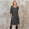 Three Quarter Sleeve Pleated Dress with Pockets - Floral Scroll