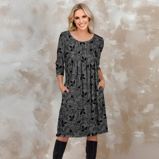 Three Quarter Sleeve Pleated Dress with Pockets - Floral Scroll