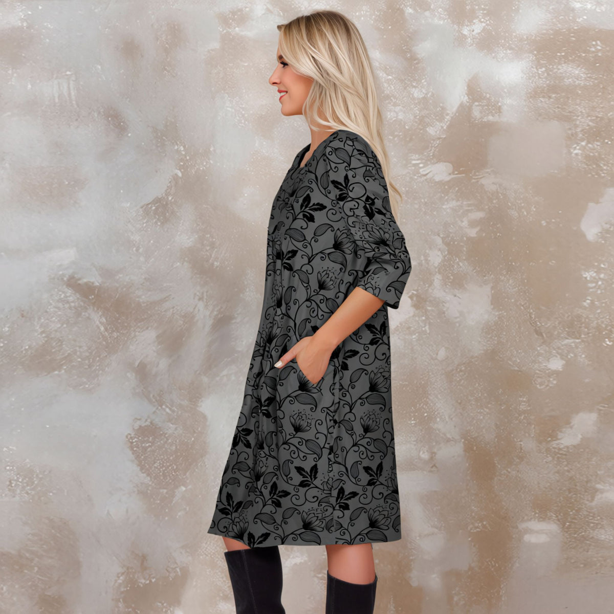 Three Quarter Sleeve Pleated Dress with Pockets - Floral Scroll