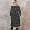 Three Quarter Sleeve Pleated Dress with Pockets - Floral Scroll