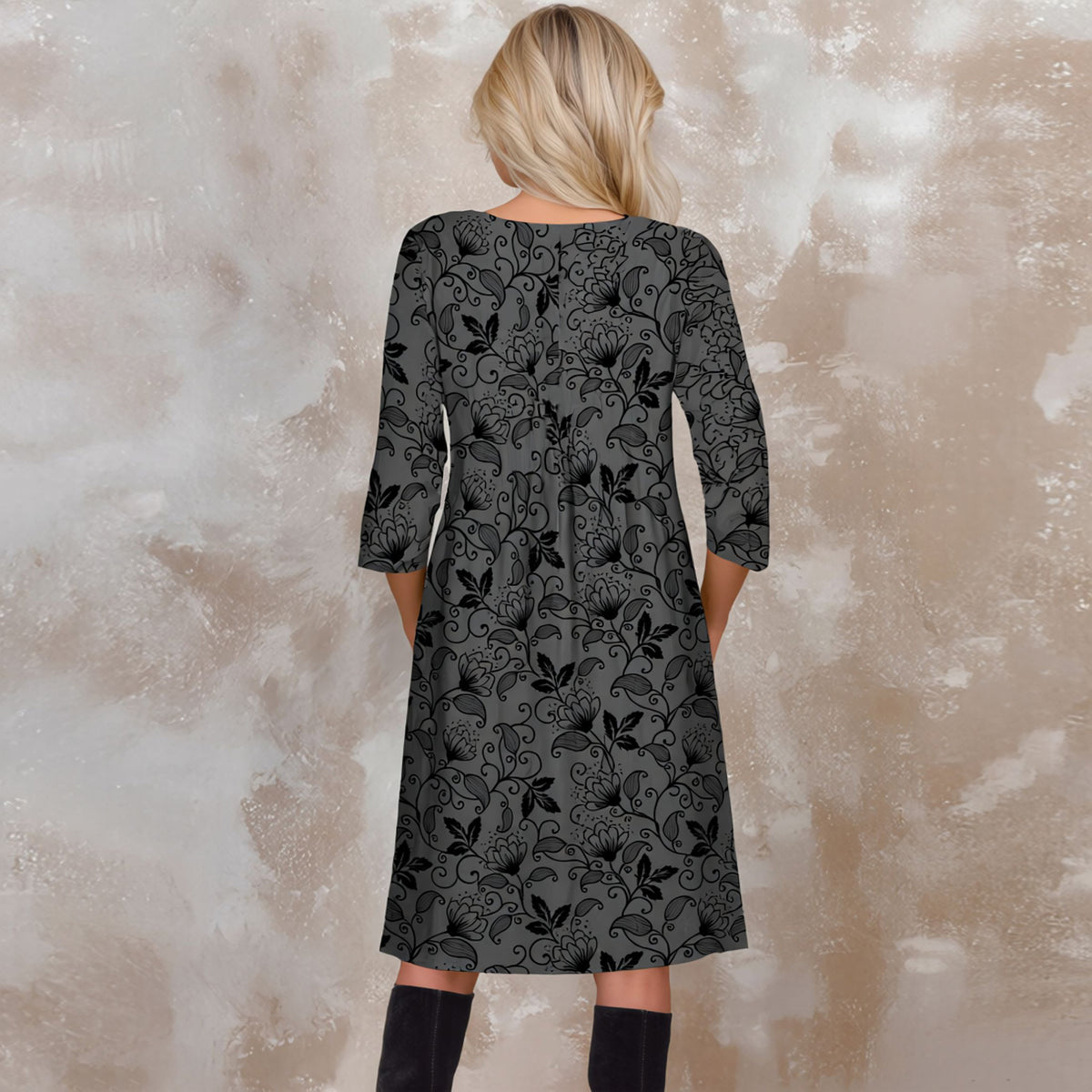 Three Quarter Sleeve Pleated Dress with Pockets - Floral Scroll