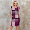 Three Quarter Sleeve Pleated Dress with Pockets - Abstract Geometric