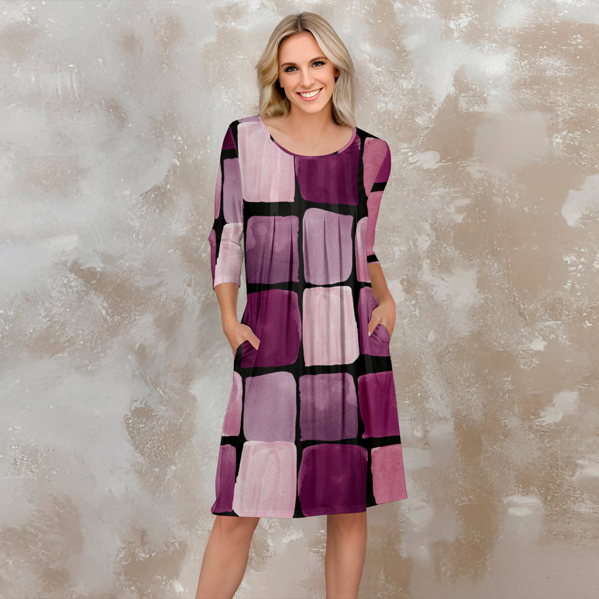 Three Quarter Sleeve Pleated Dress with Pockets - Abstract Geometric