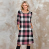 Three Quarter Sleeve Pleated Dress with Pockets - Plaid