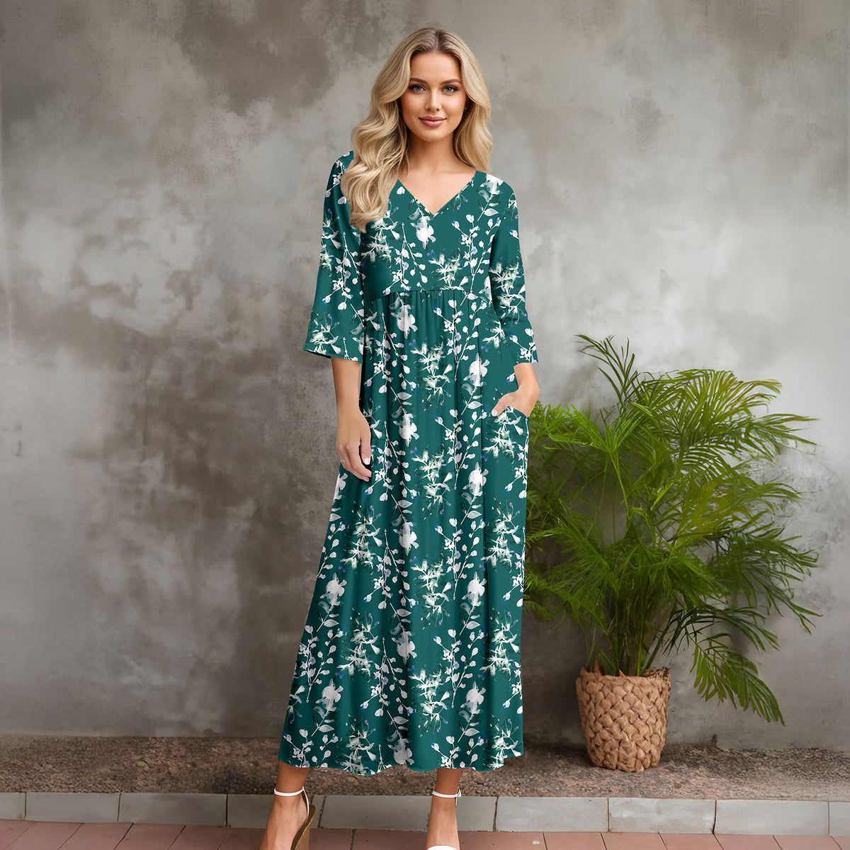 Three Quarter Sleeve V-neck Maxi Dress with Pockets - Floral