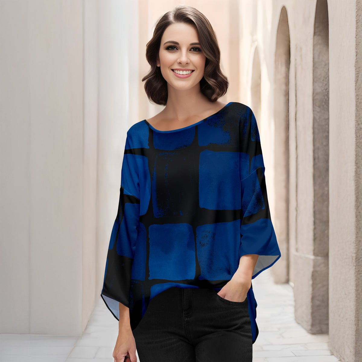 Three Quarter Bell Sleeve Tunic - Abstract Geometric